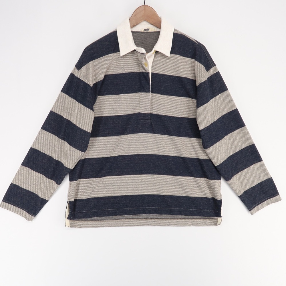 Faherty Legend Sweater Rugby Popover Womens M Navy Blue Striped Long Sleeve